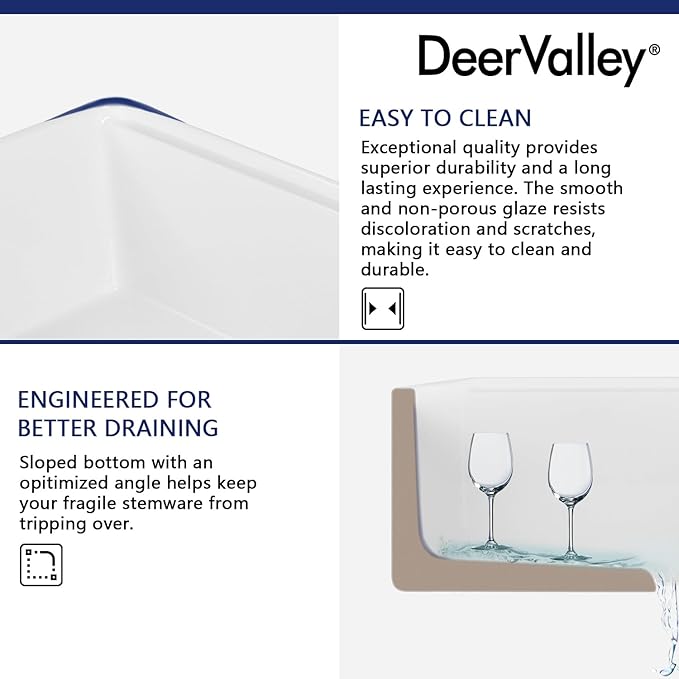 DeerValley Fireclay Farmhouse Kitchen Sink 30 Inch, White Single Bowl Farm Sink, Grove Arch Edge Curved Apron Front Farm Sinks with Bottom Grid & Strainer