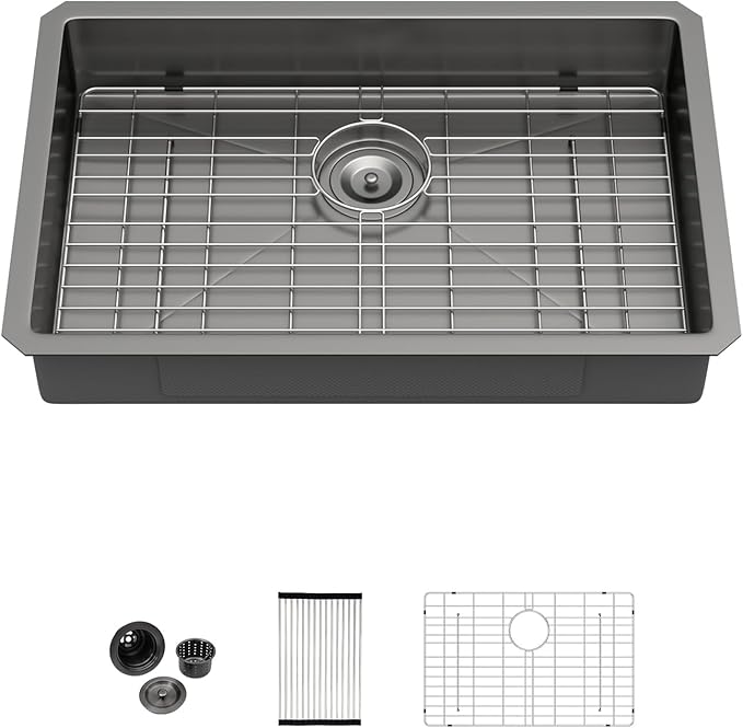 Kichae 27 Inch Black Undermount Kitchen Sink 27” x18” x5” Kitchen Sink Stainless Steel 16 Gauge Shallow Kitchen Sink Round Corner Handmade Basin