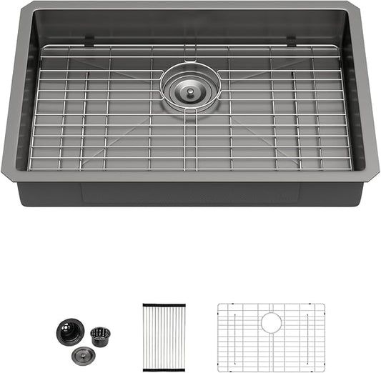 Kichae 27 Inch Black Undermount Kitchen Sink 27” x18” x5” Kitchen Sink Stainless Steel 16 Gauge Shallow Kitchen Sink Round Corner Handmade Basin