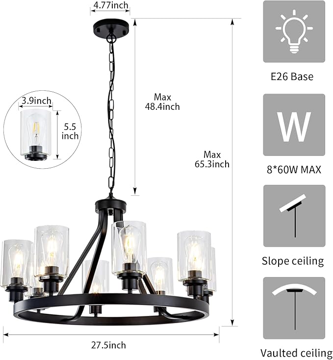 Lanhall 8-Light Black Dining Room Light Fixtures Farmhouse Wagon Wheel Chandelier Kitchen Island Pendant Lights Modern Industrial Rustic Adjustable Height Metal E26