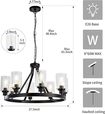 Lanhall 8-Light Black Dining Room Light Fixtures Farmhouse Wagon Wheel Chandelier Kitchen Island Pendant Lights Modern Industrial Rustic Adjustable Height Metal E26