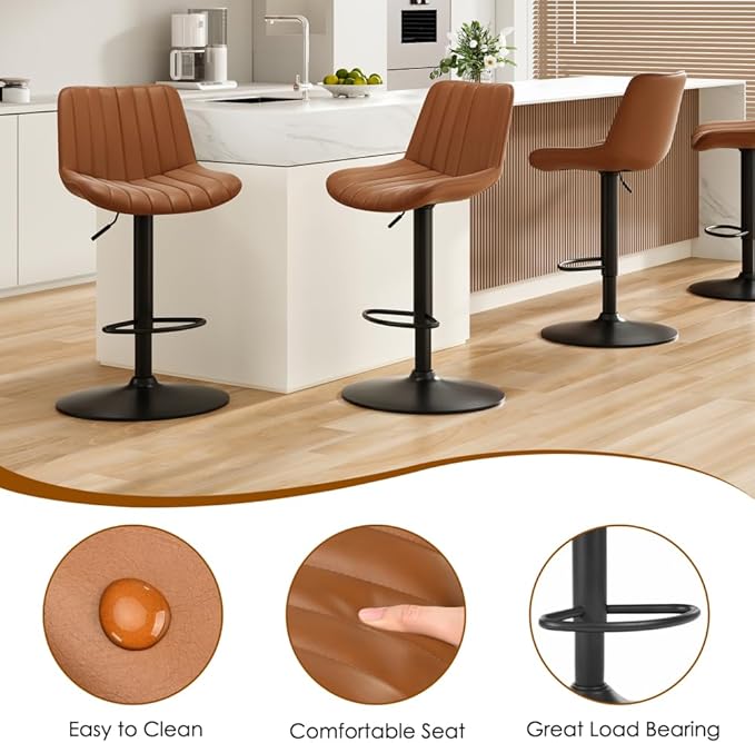 Bar Stools Set of 2, Swivel Adjustable Barstools, with Back Support, PU Leather Counter Height Bar Chairs for Kitchen Island Rustic Barstool, Brown (Brown + PU Leather + Foam)