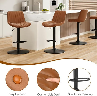 Bar Stools Set of 2, Swivel Adjustable Barstools, with Back Support, PU Leather Counter Height Bar Chairs for Kitchen Island Rustic Barstool, Brown (Brown + PU Leather + Foam)