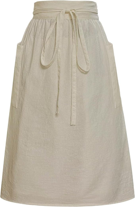 Cityelf Cotton Linen Half Apron for Women Vintage Waist Apron Ruffle Plain Bright Color for Cooking Painting Artwork