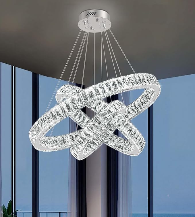 3 Rings Crystal Chandeliers 32"+24"+16" Crystal Ceiling Light Fixture Pendant Lighting Hanging Lamp for Living Room LED Dimmable 3000-6000K