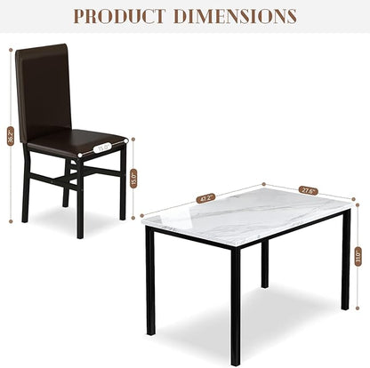 AWQM 5 Piece Dinning Table Sets for 4, Marble Kitchen Table and Chairs for 4,Dining Room Table Set with PU Leather Chairs,Faux Marble Dining Set for Small Spaces,Living Room,White+Brown