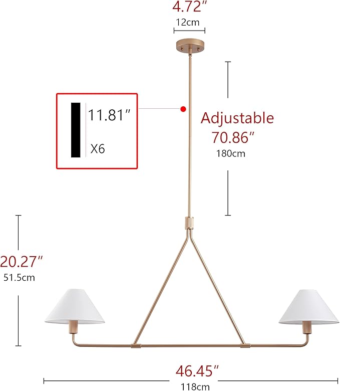 Aiwen Modern 2-Light Kitchen Island Pendant Light 46.45 inch Rose Gold Pendant Lights with Fabric Shade Classic Farmhouse Linear Chandelier Over Table for Dining Room Bar E12