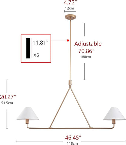 Aiwen Modern 2-Light Kitchen Island Pendant Light 46.45 inch Rose Gold Pendant Lights with Fabric Shade Classic Farmhouse Linear Chandelier Over Table for Dining Room Bar E12