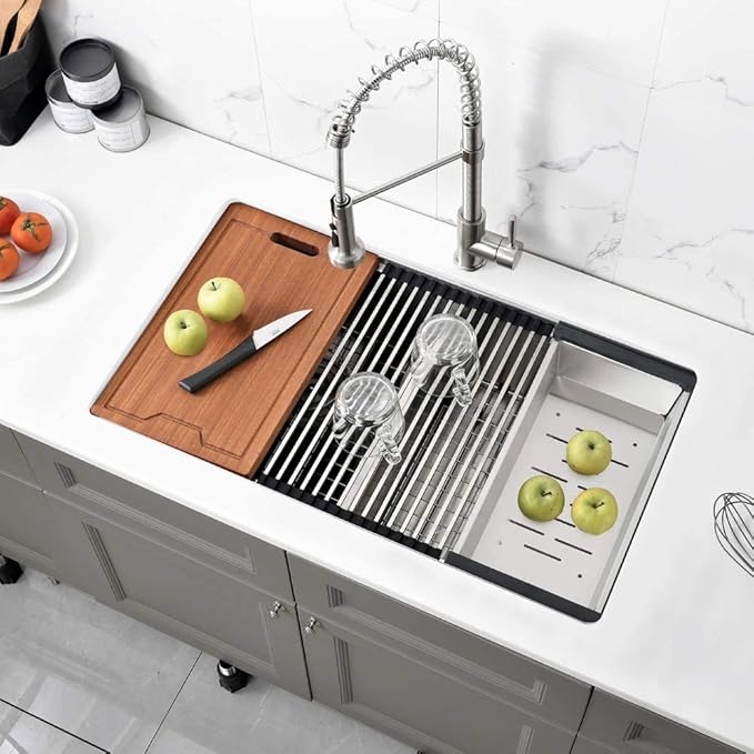 33 Inch Double Bowl Undermount Kitchen Sink Workstation-Bokaiya Stainless Steel 50/50 Double Bowl Kitchen Sink Undermount Ledge Workstation 16 Gauge 10 Inch Deep Double Basin with Cutting Board