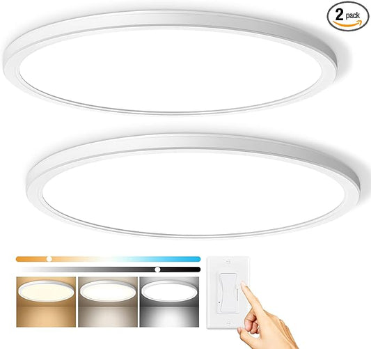 Super Slim 3200LM 12Inch LED Ceiling Lights Flush Mount, Dimmable 3000K 4500K 6000K CCT, Low Profile Surface Mount Light Fixtures, 24W Thin Flat LED Panel Lights for Bedroom Bathroom Kitchen, 2 Packs