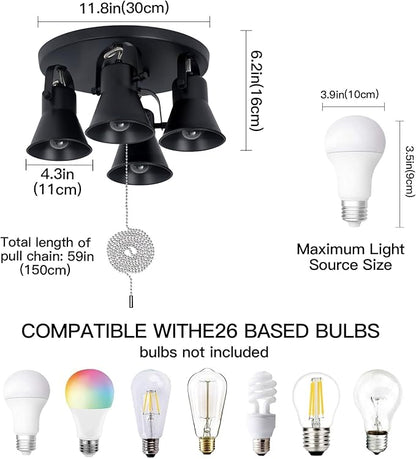 SEEBLEN 4-Light Industrial Track Lighting with Pull Chain On/Off Switch, Adjustable Round Kitchen Ceiling Light, Morden Black Flush Mount Directional Light for Kitchen, Hallway, Dining Room.