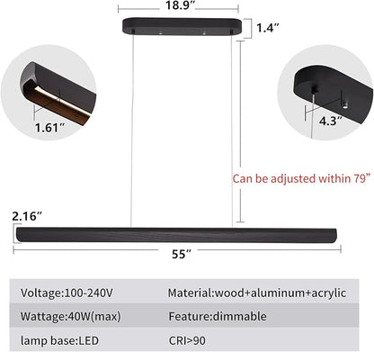 YISDESIGN 55inch Wood LED Linear Pendant Light, Dimmable Wood Ceiling Lamp,Minimalist Linear Chandelier, 40W Warm Light 3000K, Modern Kitchen Island Dining Room Lighting Black Adjustable Height