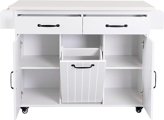 Ball & Cast Kitchen Island with Trash Can Storage Cabinet,Kitchen Cart W/Drop Leaf,Spice Rack,Towel Rack and Drawers,Rolling Kitchen Islands on Wheels W/Adjustable Shelf for Dining Room,White Oak