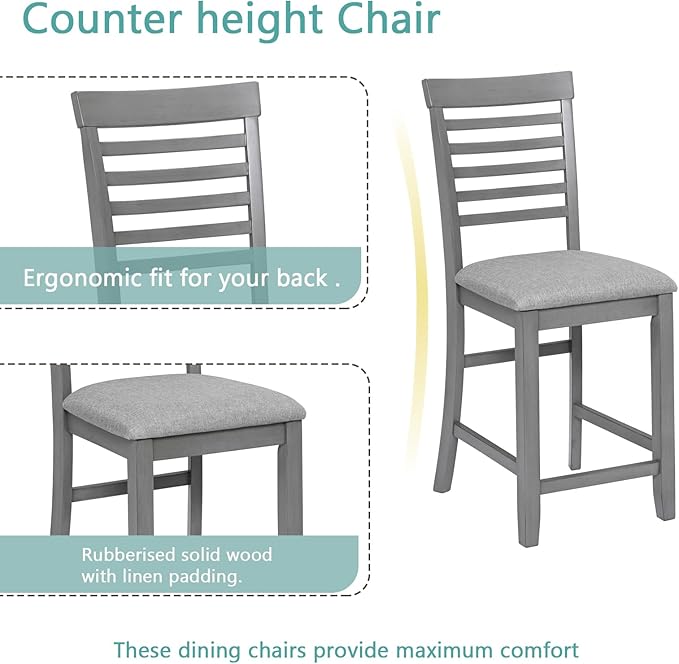 5-Piece Counter Height Dining Table Set for 4, Solid Wood Square Kitchen Table with 4 Upholstered Ladder-Back Chairs, Modern Gray Dining Set for Kitchen and Dining Room
