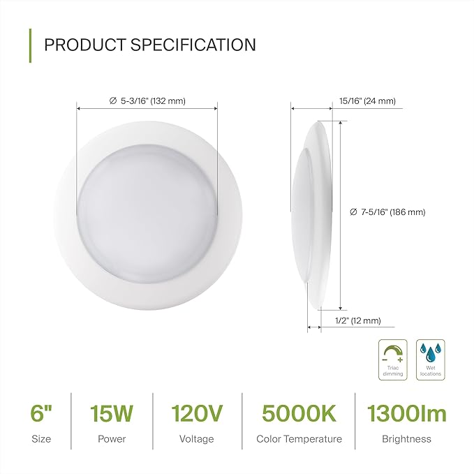 ASD 12 Pack LED Disk Lights 6 Inch, 15W 5000K Daylight 1300LM CRI90+, Dimmable Flush Mount Ceiling Light Fixture, Low Profile Surface Mount Disc, Junction Box or Recessed Can Install, ETL
