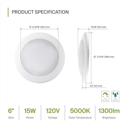 ASD 12 Pack LED Disk Lights 6 Inch, 15W 5000K Daylight 1300LM CRI90+, Dimmable Flush Mount Ceiling Light Fixture, Low Profile Surface Mount Disc, Junction Box or Recessed Can Install, ETL