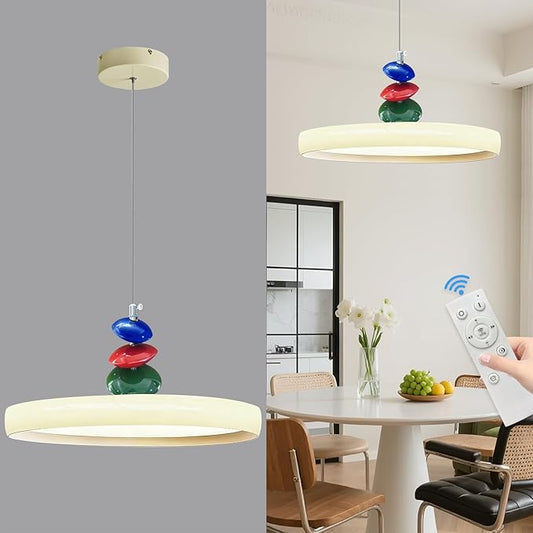 Mikeru Modern Pendant Lights, 15.8" Cream Yellow Pendant Lighting Fixture with Remote Control Dimmable 3 Color Mode & Brightness Mid Century Island Light Fixture for Dining Room,Kitchen,Living Room