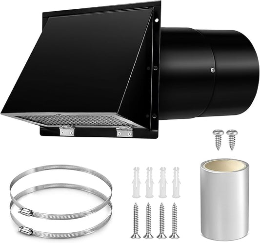 6 Inch Hooded Wall Vent Cover with Screen and Damper Galvanized Steel Exhaust Vent for Kitchen Range Hood HVAC Dryer, Black