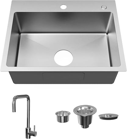 24" x 18" Drop in Kitchen Sink Stainless Steel Single Bowl Kitchen Sink with Drain Kit and Faucet