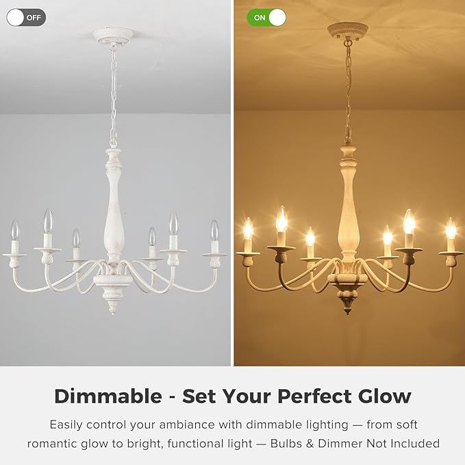 Farmhouse Chandeliers for Dining Room, 6-Light Distressed White French Country Chandelier, Vintage Wood Rustic Chandelier Hanging Light Fixture for Bedroom Living Room Foyer Entryway