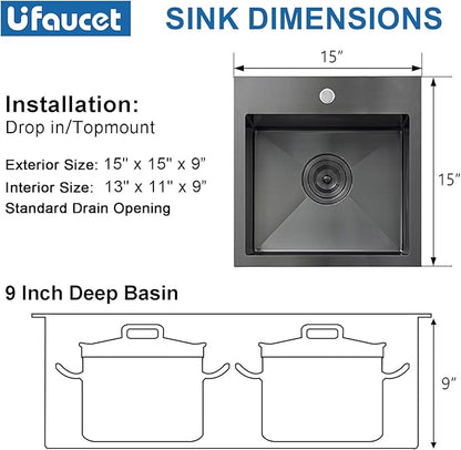15 Gunmetal Black Bar Sink, Drop in 16 Gauge Stainless Steel 15x15x9 Wet Bar RV Laundry Utility Outdoor Prep Small Sink Single Bowl Square Topmount with Drain