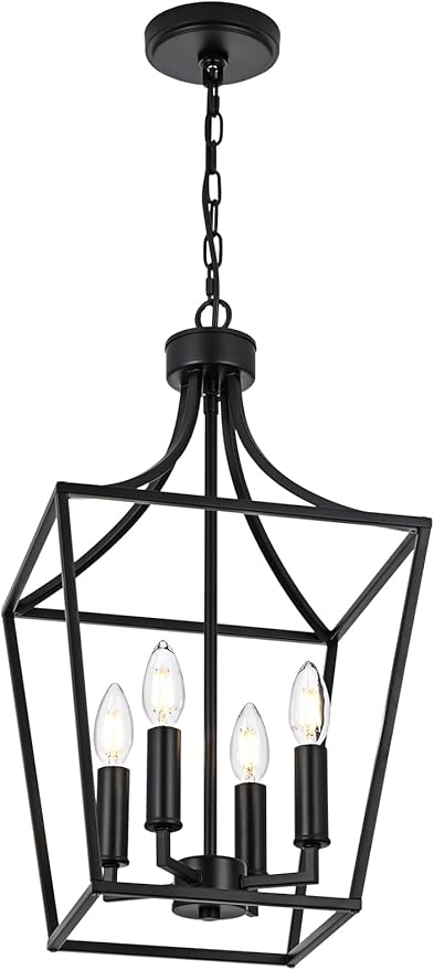 4-Light Farmhouse Lantern Chandelier, Black Pendant Light Fixture Adjustable Height for Kitchen Island Dining Room Foyer, Hanging Ceiling Lighting E12 Bulb Base