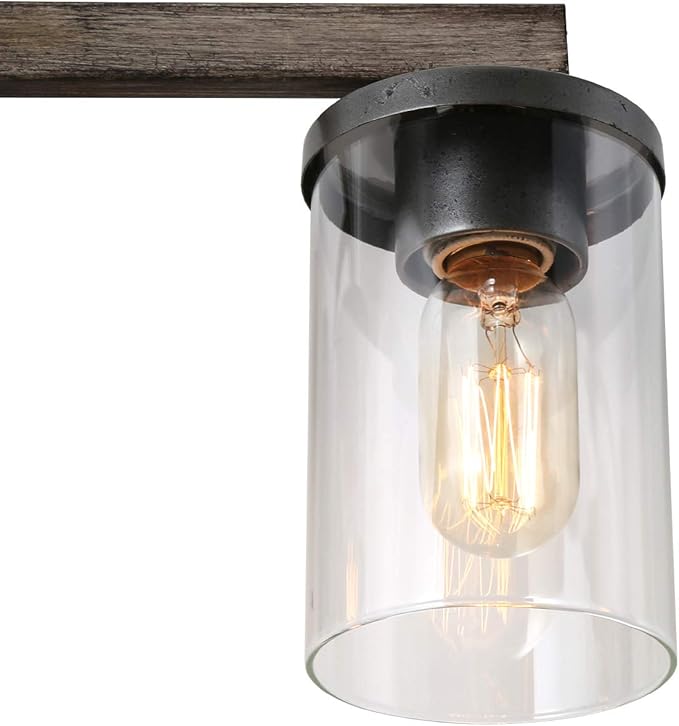 LALUZ Bathroom Vanity Light Fixtures, Farmhouse Vanity Lighting with Clear Glass Shades, Faux Wood, 4-Light, 28’’ L x 6.3’’ W x 8.7’’ H