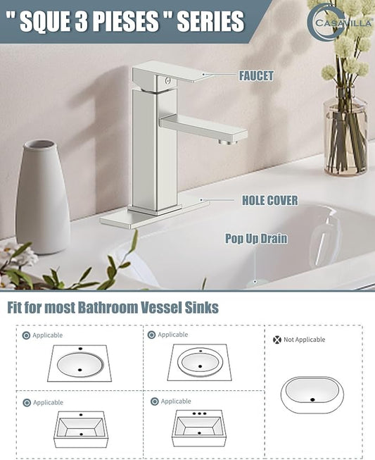 Bathroom Faucets, Bathroom Sink Faucet with Pop-up Sink Drain Stopper & Deck Plate 1 or 3 Hole, Single Handle Modern Farmhouse RV Faucet, Brushed Sealing Glaze
