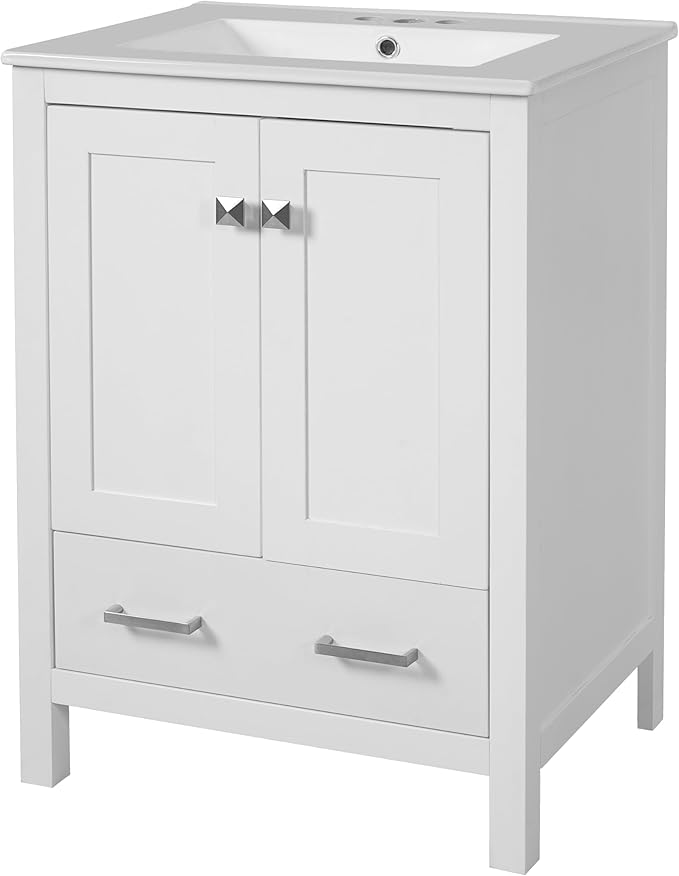 Favfurish 24" Modern Bathroom Vanity with Ceramic Sink, Freestanding Storage Cabinet w/2 Soft-Close Doors & 1 Drawer, Double-Layer Door Shelf, Solid Wood Frame for Small Bathrooms, Easy Assembly,White