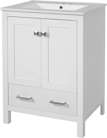 Favfurish 24" Modern Bathroom Vanity with Ceramic Sink, Freestanding Storage Cabinet w/2 Soft-Close Doors & 1 Drawer, Double-Layer Door Shelf, Solid Wood Frame for Small Bathrooms, Easy Assembly,White