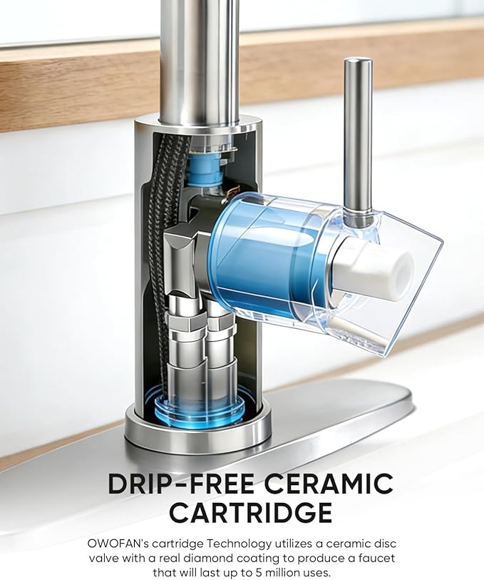 OWOFAN Kitchen Faucet with Pull Down Sprayer Industrial 1 Handle 1 Hole Or 3 Hole Faucet for Farmhouse Camper Laundry Utility Rv Wet Bar Sinks Stainless Steel Brushed Nickel