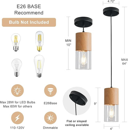 2-Pack Modern Pendant Lights for Kitchen Island, Adjustable Pendant Light Fixtures with Raw Wood Grain, Industrial Clear Glass Pendant Lights for Dining Table Hallway Bedroom Living Room
