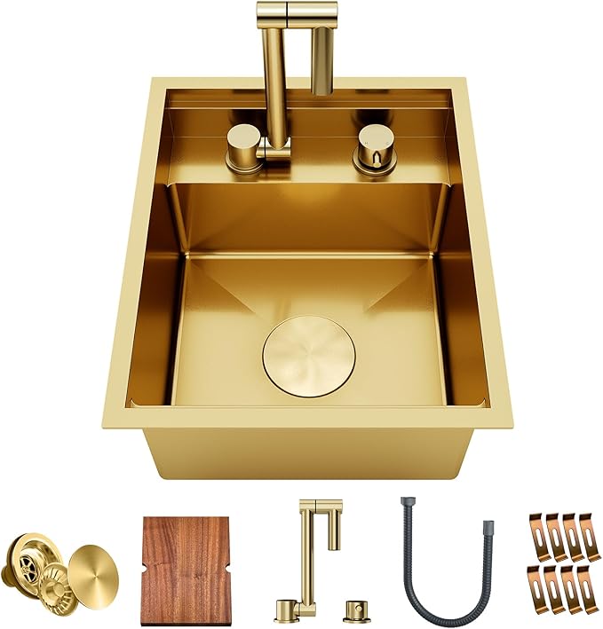 TORVA Gold RV Sink, 15x18x9 Inch Drop-in Bar Sink, 16 Gauge Stainless Steel Single Bowl Kitchen Sink with Nano Coating, Durable & Rustproof RV Sink for Camper Van and Motorhome