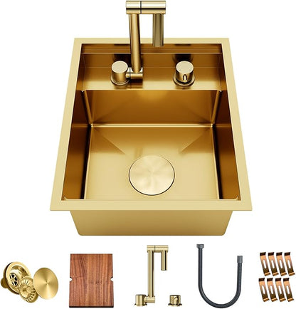 TORVA Gold RV Sink, 15x18x9 Inch Drop-in Bar Sink, 16 Gauge Stainless Steel Single Bowl Kitchen Sink with Nano Coating, Durable & Rustproof RV Sink for Camper Van and Motorhome
