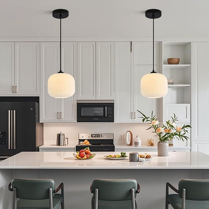 Milk Glass Round Pendant Light Striped Glass Pendant Lights Modern Globe Pendant Lights Kitchen Island Black Mid Century Hanging Ceiling Light White Pendant Light Fixture (2 Pack)
