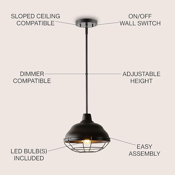 JONATHAN Y 10.38" Oil Rubbed Bronze 1-Light Industrial Farmhouse LED Pendant Light Fixture for Kitchen Island, Dining Room, Adjustable Hanging Ceiling Lamp, Iron Cage Metal Shade JYL1118A