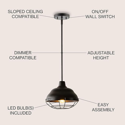 JONATHAN Y 10.38" Oil Rubbed Bronze 1-Light Industrial Farmhouse LED Pendant Light Fixture for Kitchen Island, Dining Room, Adjustable Hanging Ceiling Lamp, Iron Cage Metal Shade JYL1118A