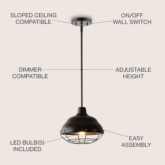 JONATHAN Y 10.38" Oil Rubbed Bronze 1-Light Industrial Farmhouse LED Pendant Light Fixture for Kitchen Island, Dining Room, Adjustable Hanging Ceiling Lamp, Iron Cage Metal Shade JYL1118A