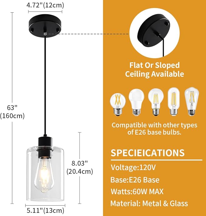 3 Pack Black Pendant Lights Kitchen Island, Modern Glass Pendant Lighting Over Island Kitchen Hanging Bathroom Ceiling Light Fixtures Adjustable Pendant Lights for Dining Room Hallway Bedroom