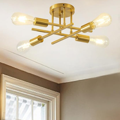 Modern Semi Flush Mount Ceiling Light Fixture, 4-Lights Farmhouse Light Fixtures Ceiling Mount Golden, Indoor Close to Ceiling Lights for Living Room Bedroom Kitchen Hallway, Bulb Not Included