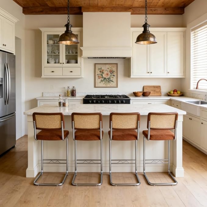 Counter Height Dining Set with Rattan Back Stools,Bar Table with 2 Drawers,Upholstered Kitchen Island Chairs,Chrome Cantilever Frame,Modern Furniture for Dining Room (No Table,2 Coffee Chairs)
