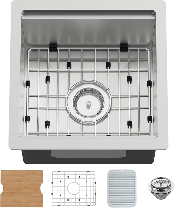 15x15In Kitchen And Bar Workstation Sink- Small Stainless Steel Undermount Single Bowl Bar Sink Built-in Ledge Drop In Workstation Sink With Accessory-SS Grid Cutting Board,Silicon Mat,Drain Assembly