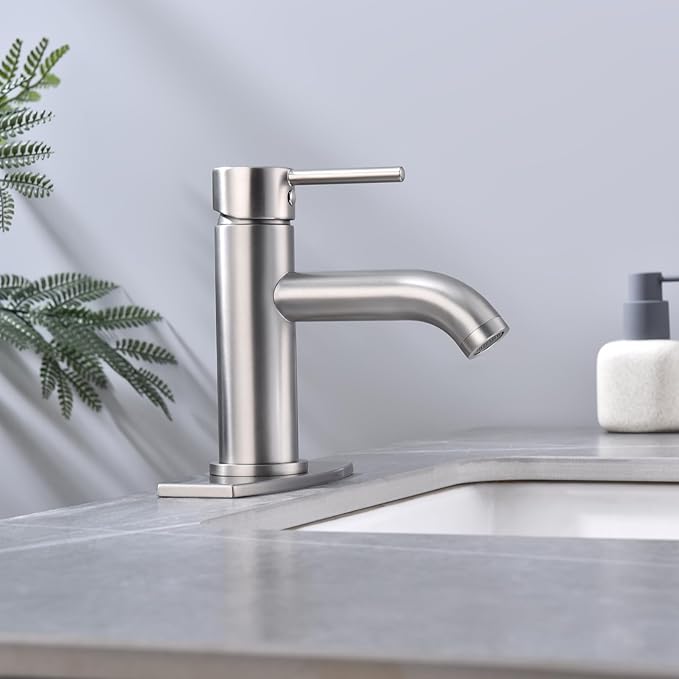 Single Handle Bathroom Faucet with Metal Drain Assembly and Escutcheon, Brushed Nickel