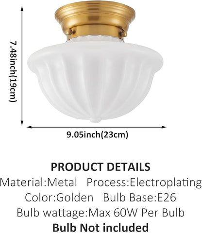 youngrender Schoolhouse Light Fixture Gold, 9" Modern Mid Century Semi Flush Mount Ceiling Light with Opal Milk Glass Shade for Bedroom, Kitchen, Dining Room, Bathroom, Hallway, Stairway, Entryway