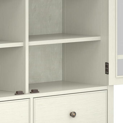 SIMPLIHOME Connaught Storage Cabinet - 46 inch Wide Solid Wood Tall Cabinet in Antique White, Traditional Console for Living Room or Dining Room with Glass Doors, Adjustable Shelves, and Drawers