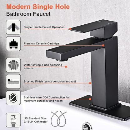 AVSIILE Matte Black Bathroom Faucet, Single Hole Vanity Bath Faucet, Single Handle Modern Stainless Steel Bathroom Faucets for Sink 1 Hole with Pop Up Drain Stopper & Water Supply Hoses