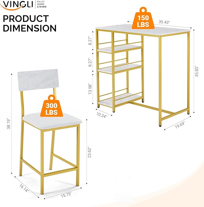 VINGLI Dining Table Set for 2, Kitchen Breakfast Counter Height Small 3 Piece Bar Table and Chairs Set with Storage, White Imitation Marble, Golden Frame