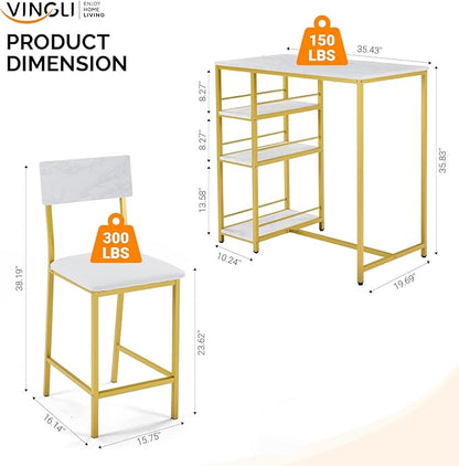 VINGLI Dining Table Set for 2, Kitchen Breakfast Counter Height Small 3 Piece Bar Table and Chairs Set with Storage, White Imitation Marble, Golden Frame