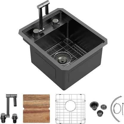 15x18 Inch Outdoor Sink Black Undermount RV Sink Workstation NANO PVD 16 Gauge Stainless Steel Single Bowl Handmade Outdoor Kitchen Sinks With Folding Faucet 15"x18"x9"