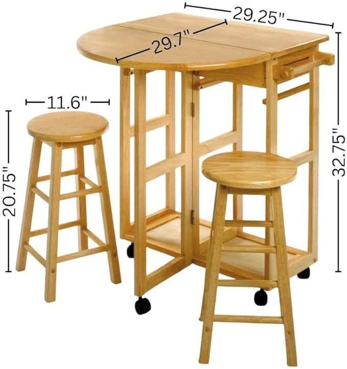 Furnifact Space-Saving 3-Piece Drop Leaf Dining Set, Solid Wood Table & 2 Round Stools, Brown